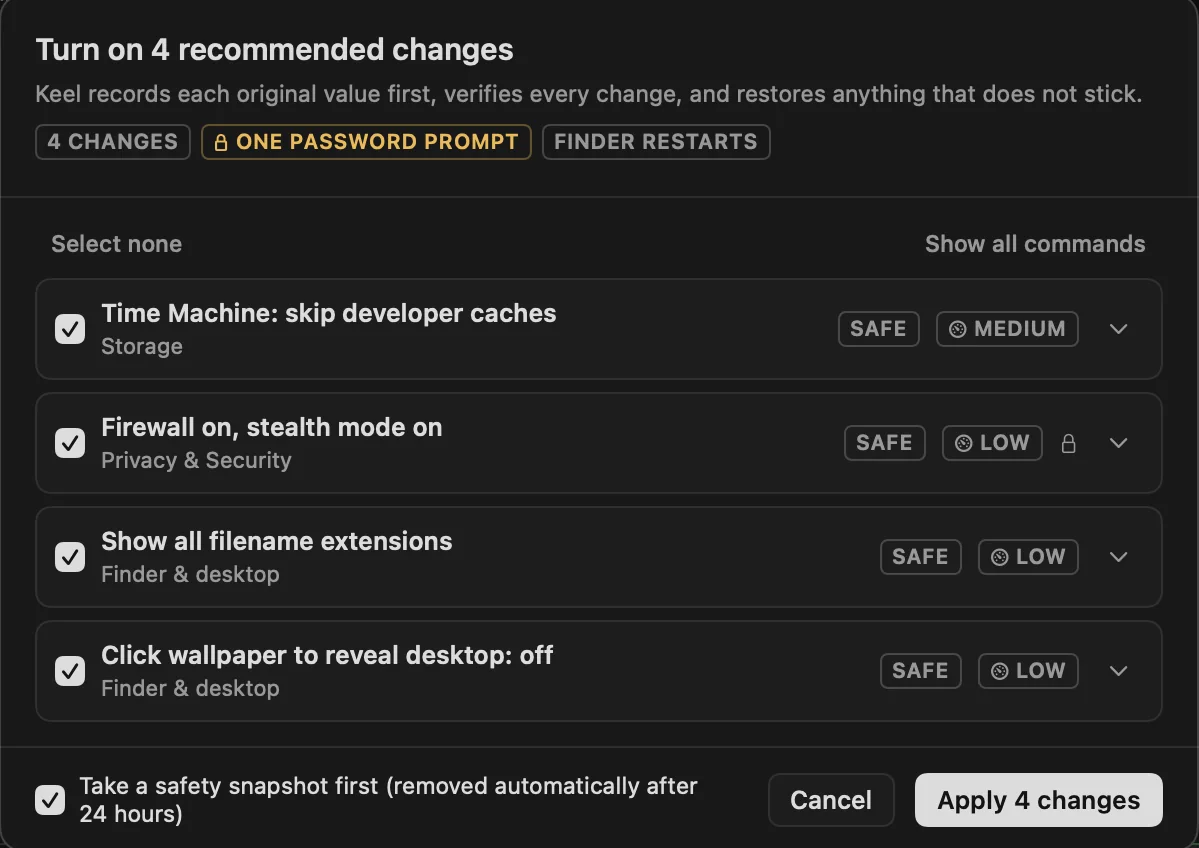 Confirmation sheet titled Turn on 4 recommended changes, showing one password prompt and an Apply 4 changes button.